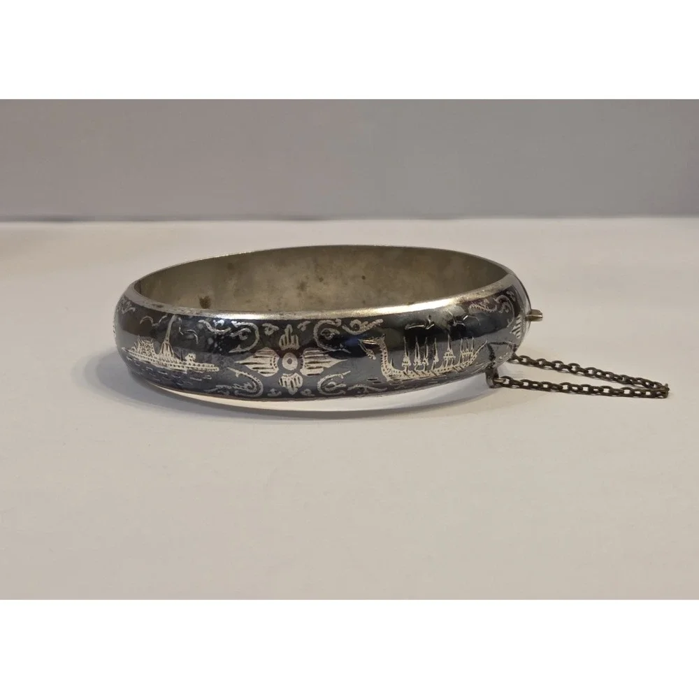 Ornate Antique Sterling Silver Siam Hinge Bangle Bracelet Pre Thailand 8